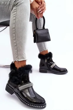 Damskie buty S.Barski Botki Ocieplane|Czarne Botki*Niskie Botki Lakierowane Z Futerkiem I Ozdobą S.Barski MR870-74 Czarne