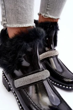 Damskie buty S.Barski Botki Ocieplane|Czarne Botki*Niskie Botki Lakierowane Z Futerkiem I Ozdobą S.Barski MR870-74 Czarne