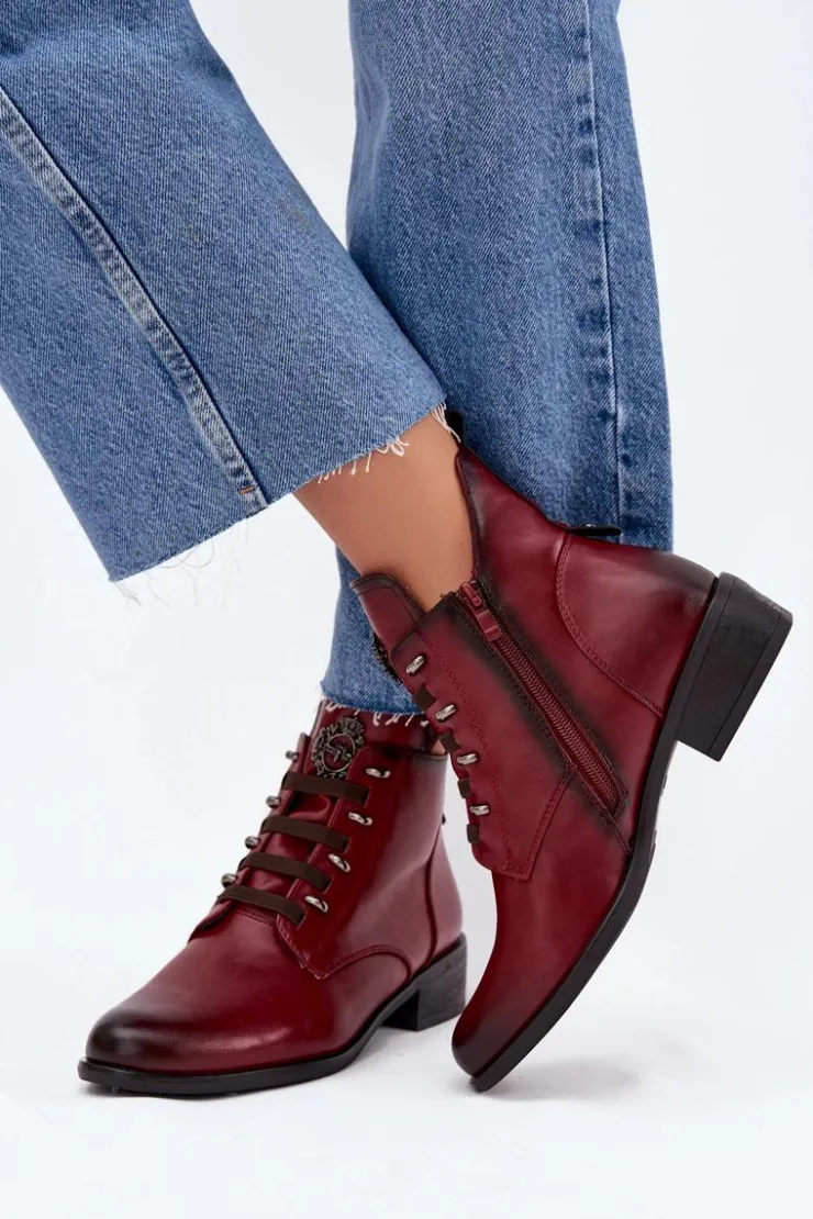 Boto Botki Ocieplane|Czarne Botki*Niskie Botki Ocieplane Na Zamek Z Ozdobą Bordowe Nevalia