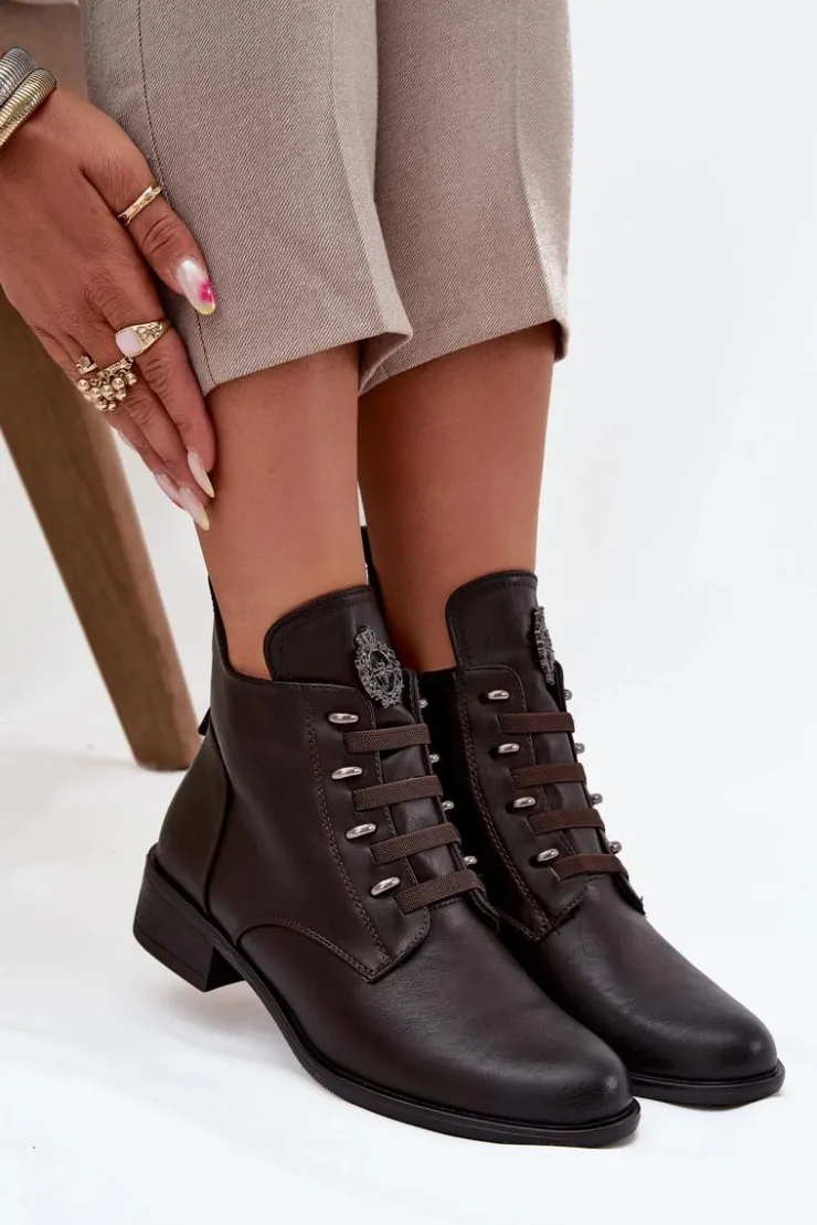 Boto Botki Ocieplane|Botki Zimowe Damskie*Niskie Botki Ocieplane Na Zamek Z Ozdobą Brązowe Nevalia Brązowy