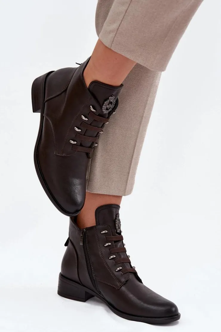 Boto Botki Ocieplane|Botki Zimowe Damskie*Niskie Botki Ocieplane Na Zamek Z Ozdobą Brązowe Nevalia Brązowy