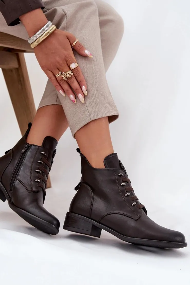 Boto Botki Ocieplane|Botki Zimowe Damskie*Niskie Botki Ocieplane Na Zamek Z Ozdobą Brązowe Nevalia Brązowy