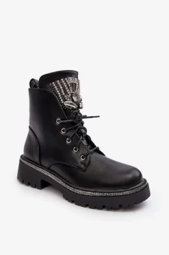 Damskie Boto Niskie Botki Workery Z Biżuteryjną Ozdobą Czarne Melenope