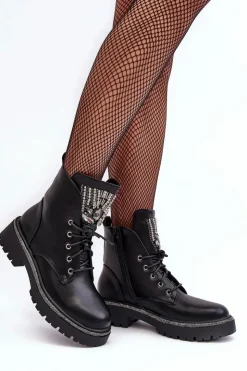 Damskie Boto Niskie Botki Workery Z Biżuteryjną Ozdobą Czarne Melenope