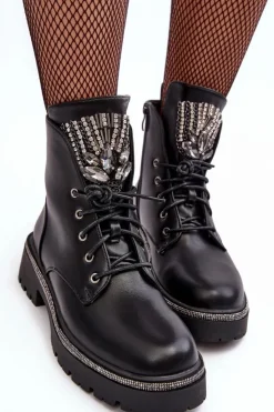 Damskie Boto Niskie Botki Workery Z Biżuteryjną Ozdobą Czarne Melenope