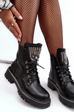 Damskie Boto Niskie Botki Workery Z Biżuteryjną Ozdobą Czarne Melenope