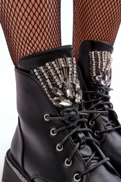 Damskie Boto Niskie Botki Workery Z Biżuteryjną Ozdobą Czarne Melenope