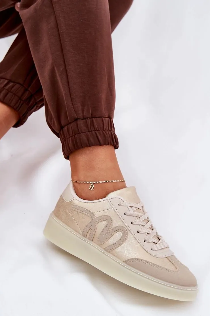 Boto Sneakersy Damskie*Niskie Buty Sportowe Damskie Z Eko Skóry Złoto-Beżowe Iladira Złoty