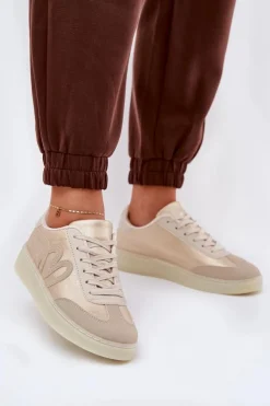 Boto Sneakersy Damskie*Niskie Buty Sportowe Damskie Z Eko Skóry Złoto-Beżowe Iladira Złoty