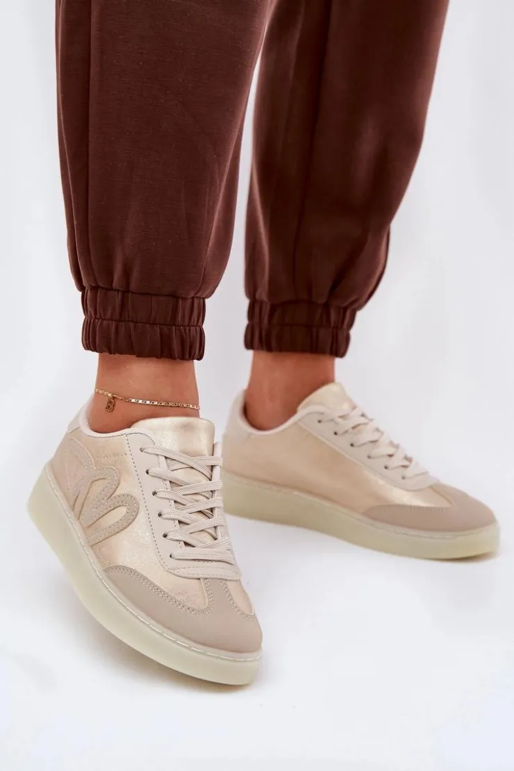 Boto Sneakersy Damskie*Niskie Buty Sportowe Damskie Z Eko Skóry Złoto-Beżowe Iladira Złoty