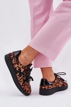 Clearance Boto Niskie Buty Sportowe Damskie W Panterkę Brązowe Zelevelis Brązowy