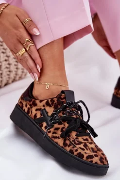 Clearance Boto Niskie Buty Sportowe Damskie W Panterkę Brązowe Zelevelis Brązowy