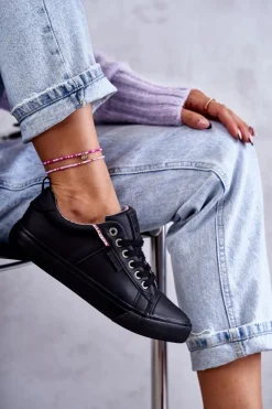 Discount Big Star Shoes Niskie Damskie Skórzane Trampki Big Star KK274006 Czarne Czarny