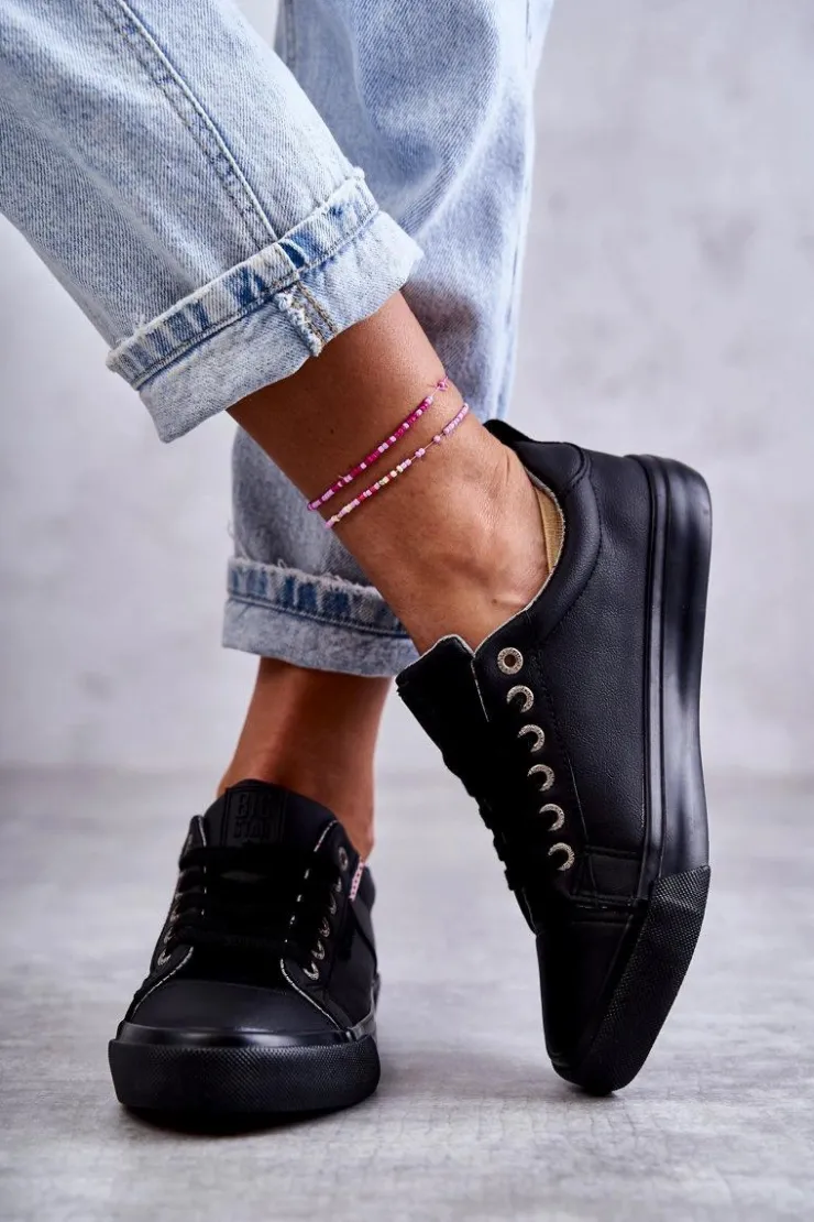 Discount Big Star Shoes Niskie Damskie Skórzane Trampki Big Star KK274006 Czarne Czarny