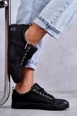 Discount Big Star Shoes Niskie Damskie Skórzane Trampki Big Star KK274006 Czarne Czarny