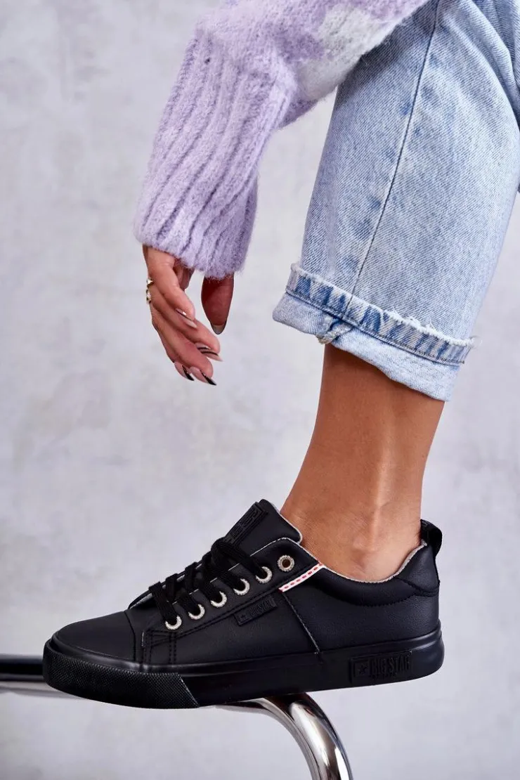 Discount Big Star Shoes Niskie Damskie Skórzane Trampki Big Star KK274006 Czarne Czarny