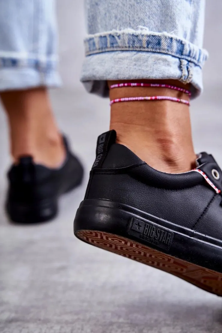 Discount Big Star Shoes Niskie Damskie Skórzane Trampki Big Star KK274006 Czarne Czarny