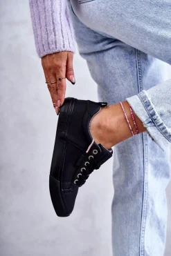 Discount Big Star Shoes Niskie Damskie Skórzane Trampki Big Star KK274006 Czarne Czarny