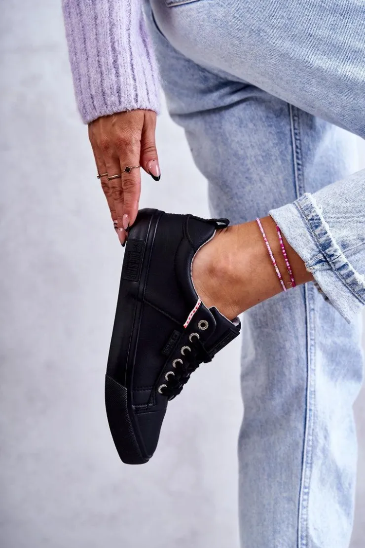 Discount Big Star Shoes Niskie Damskie Skórzane Trampki Big Star KK274006 Czarne Czarny