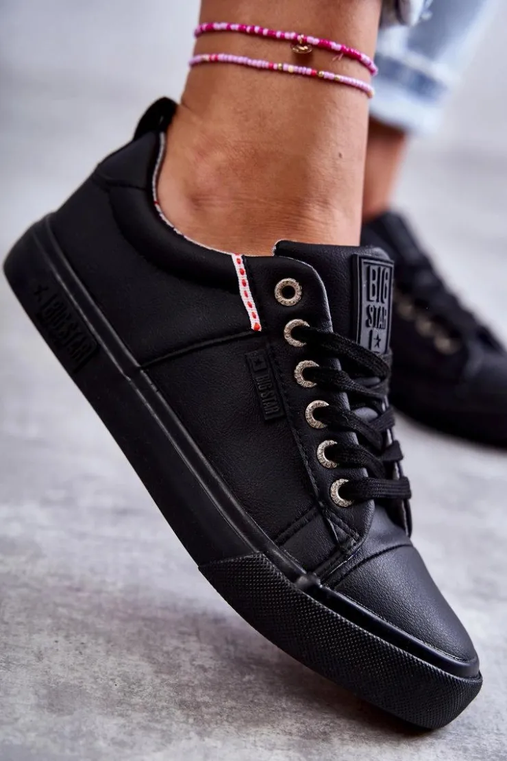 Discount Big Star Shoes Niskie Damskie Skórzane Trampki Big Star KK274006 Czarne Czarny