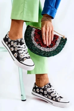 Boto Trampki Damskie Niskie*Niskie Damskie Trampki W Kwiaty Czarne Janey