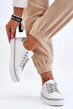 Boto Trampki Damskie Niskie*Niskie Damskie Trampki Z Perforacją Biało-Srebrne Daxton