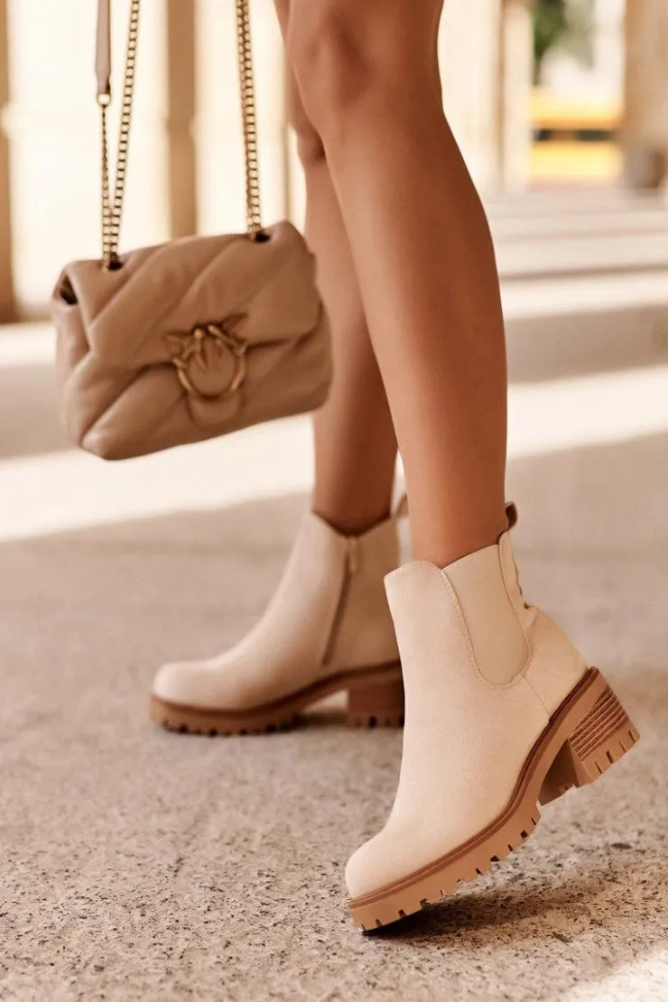 Damskie Boto Niskie Klasyczne Zamszowe Botki Sztyblety Jasnobeżowe Lalyllis