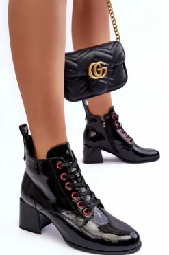 Online Damskie buty S.Barski Niskie Lakierowane Botki Sznurowane S.Barski MR870-66 Czarne