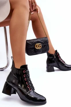 Online Damskie buty S.Barski Niskie Lakierowane Botki Sznurowane S.Barski MR870-66 Czarne