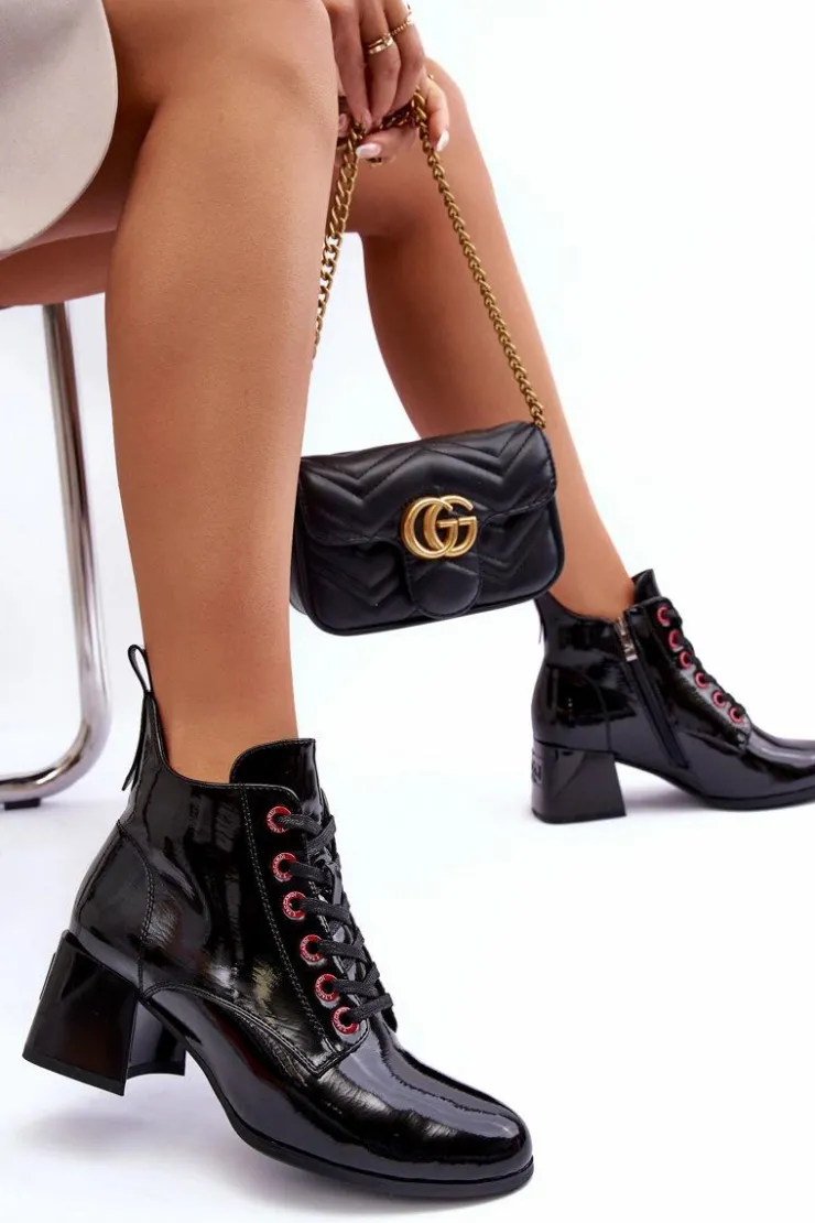 Online Damskie buty S.Barski Niskie Lakierowane Botki Sznurowane S.Barski MR870-66 Czarne