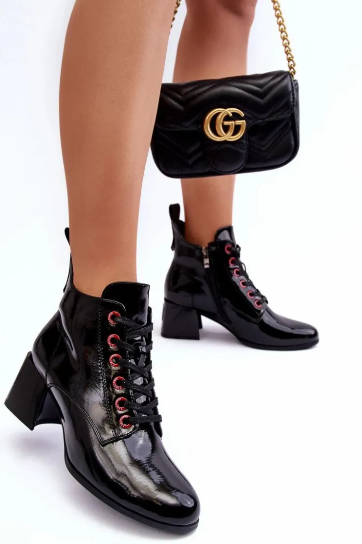 Online Damskie buty S.Barski Niskie Lakierowane Botki Sznurowane S.Barski MR870-66 Czarne