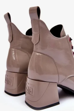 Damskie buty S.Barski Botki Sznurowane|Botki Na Słupku*Niskie Lakierowane Botki Sznurowane S.Barski MR870-66 Ciemnobeżowe