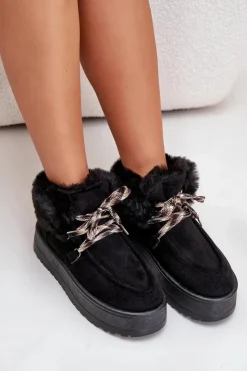 Boto Śniegowce Damskie*Niskie Śniegowce Damskie Na Platformie Z Futerkiem Czarne Neathren Czarny