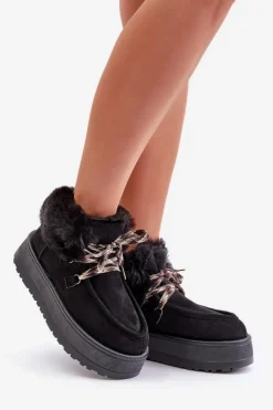 Boto Śniegowce Damskie*Niskie Śniegowce Damskie Na Platformie Z Futerkiem Czarne Neathren Czarny