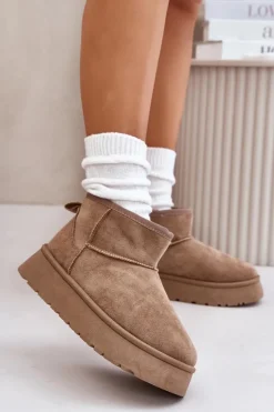 Clearance Evento Niskie Śniegowce Damskie Na Platformie Ocieplane Futerkiem Beżowe Saldren