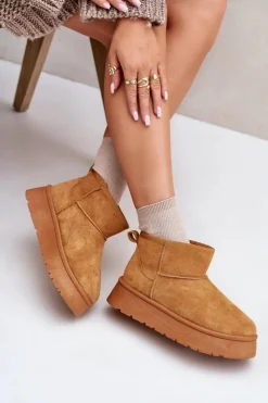 Evento Śniegowce Damskie*Niskie Śniegowce Damskie Na Platformie Ocieplane Futerkiem Camel Saldren Brązowy