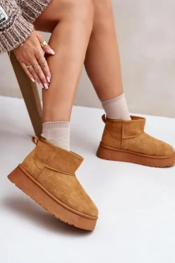 Evento Śniegowce Damskie*Niskie Śniegowce Damskie Na Platformie Ocieplane Futerkiem Camel Saldren Brązowy