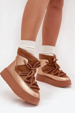 New Boto Niskie Śniegowce Damskie Ocieplane Futerkiem Z Grubym Wiązaniem Camel Xarina Brązowy