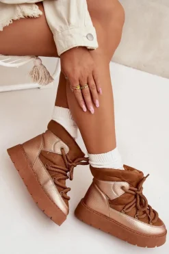 New Boto Niskie Śniegowce Damskie Ocieplane Futerkiem Z Grubym Wiązaniem Camel Xarina Brązowy