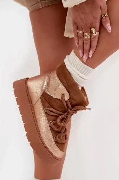 New Boto Niskie Śniegowce Damskie Ocieplane Futerkiem Z Grubym Wiązaniem Camel Xarina Brązowy