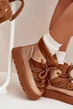 New Boto Niskie Śniegowce Damskie Ocieplane Futerkiem Z Grubym Wiązaniem Camel Xarina Brązowy