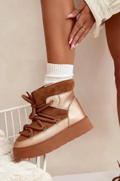 New Boto Niskie Śniegowce Damskie Ocieplane Futerkiem Z Grubym Wiązaniem Camel Xarina Brązowy