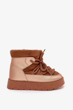 New Boto Niskie Śniegowce Damskie Ocieplane Futerkiem Z Grubym Wiązaniem Camel Xarina Brązowy