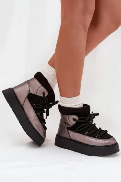 Damskie Boto Niskie Śniegowce Damskie Ocieplane Futerkiem Z Grubym Wiązaniem Czarne Xarina