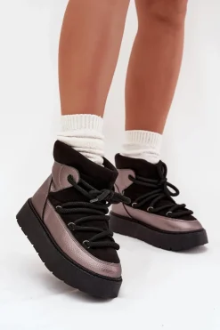 Damskie Boto Niskie Śniegowce Damskie Ocieplane Futerkiem Z Grubym Wiązaniem Czarne Xarina