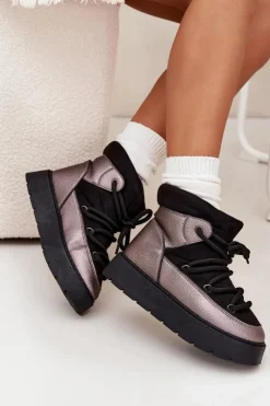 Damskie Boto Niskie Śniegowce Damskie Ocieplane Futerkiem Z Grubym Wiązaniem Czarne Xarina