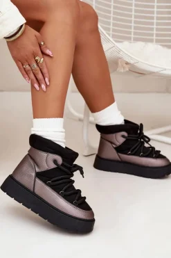 Damskie Boto Niskie Śniegowce Damskie Ocieplane Futerkiem Z Grubym Wiązaniem Czarne Xarina