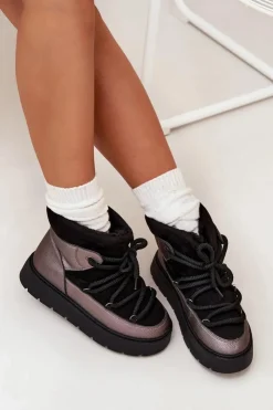 Damskie Boto Niskie Śniegowce Damskie Ocieplane Futerkiem Z Grubym Wiązaniem Czarne Xarina