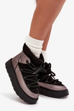 Damskie Boto Niskie Śniegowce Damskie Ocieplane Futerkiem Z Grubym Wiązaniem Czarne Xarina