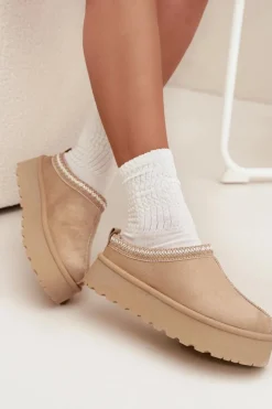 Damskie Boto Niskie Śniegowce Damskie Z Haftem Na Platformie Jasnobeżowe Narirya